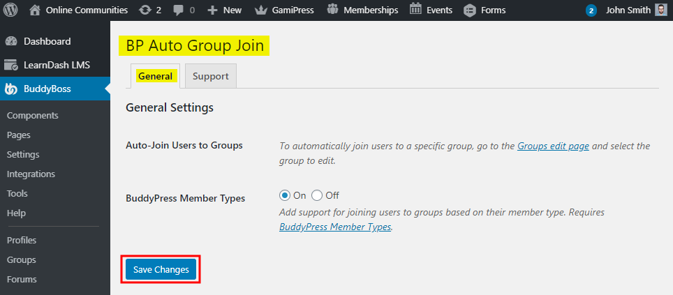 Screenshot of a WordPress plugin settings page for BP Auto Group Join under BuddyBoss, showing options for auto-joining users to groups and a highlighted Save Changes button.