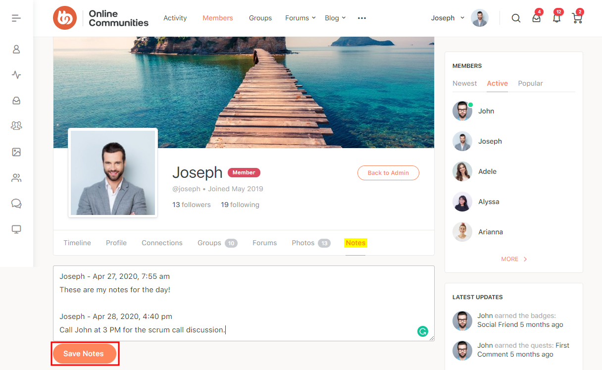 A user profile page for Joseph on a community website. The Notes tab is selected, showing typed notes and a red Save Notes button. A profile photo, navigation menu, and member list are visible.