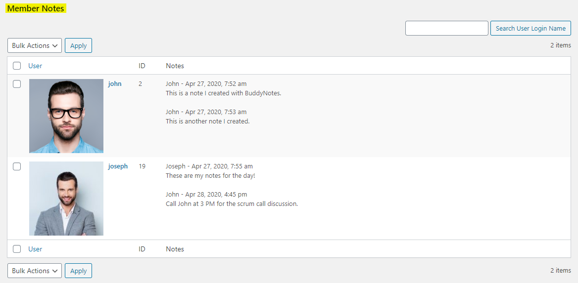 Screenshot of a Member Notes page showing user profiles with photos, usernames, IDs, and notes. There are options for bulk actions and a search bar titled Search User Login Name at the top right.