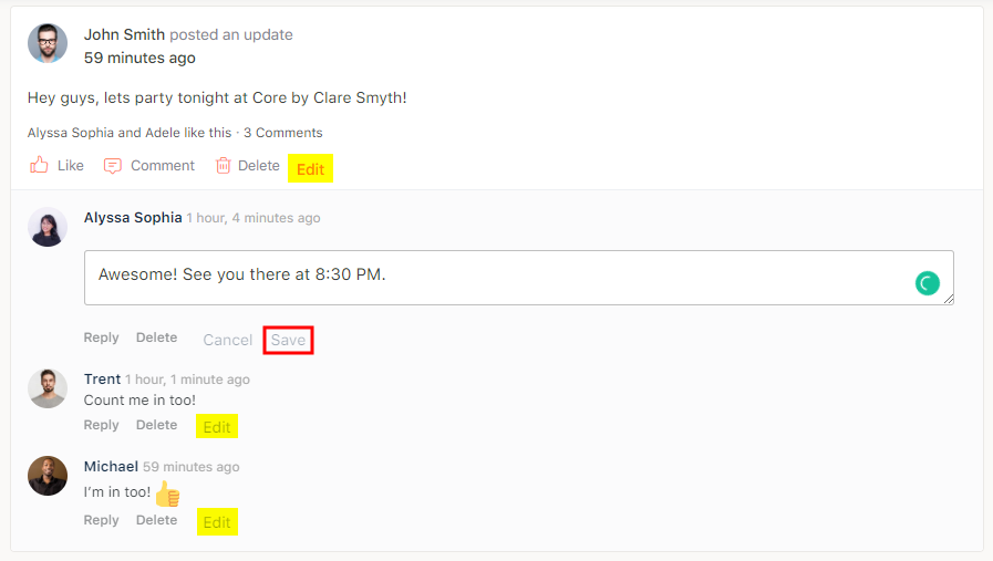 A social media post and comment thread. The words Edit and Save are highlighted in yellow and red, respectively. Users are replying and using reactions like thumbs up. The main post mentions a party at Core by Clare Smyth.