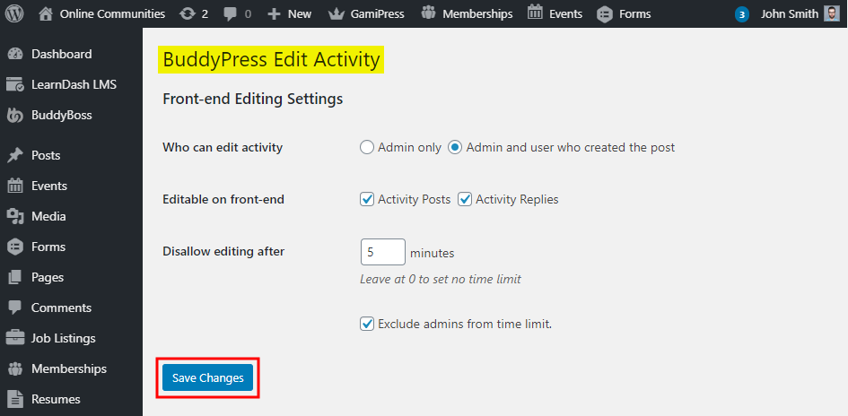 Screenshot of the BuddyPress Edit Activity settings page showing options for editing activity posts, time limits, and a blue Save Changes button highlighted in red at the bottom left.