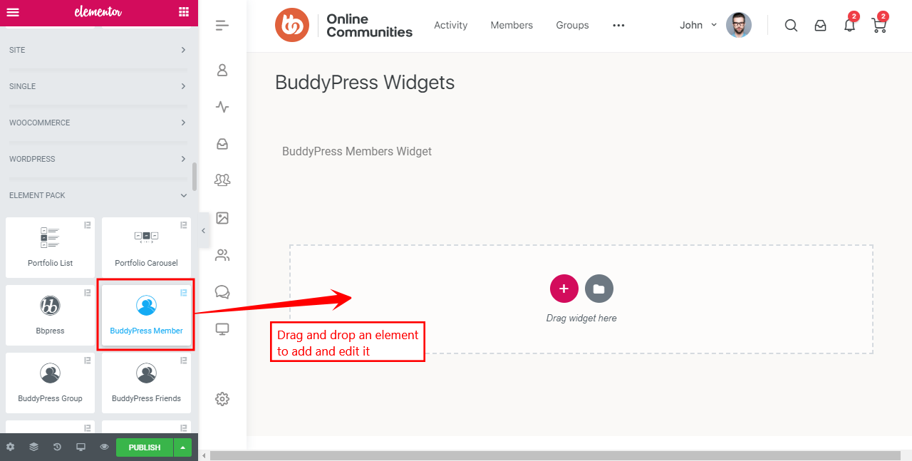 Screenshot of the Elementor editor, highlighting the “BuddyPress Member” widget with a red box and arrow. Text reads: “Drag and drop an element to add and edit it” near a widget area on the right.