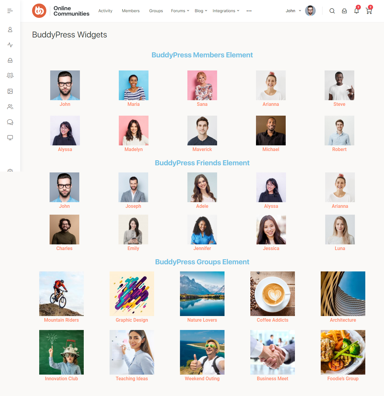 Screenshot of a BuddyPress Widgets page showing three sections: Members (profile photos and names), Friends (profile photos and names), and Groups (group icons and names such as Mountain Riders, Graphic Design, and Foodies Group).