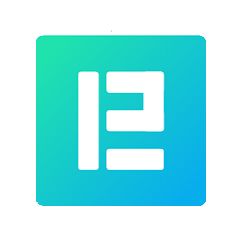 A white abstract symbol resembling the number 12 or the letters E and L on a rounded square background with a gradient from teal to blue.