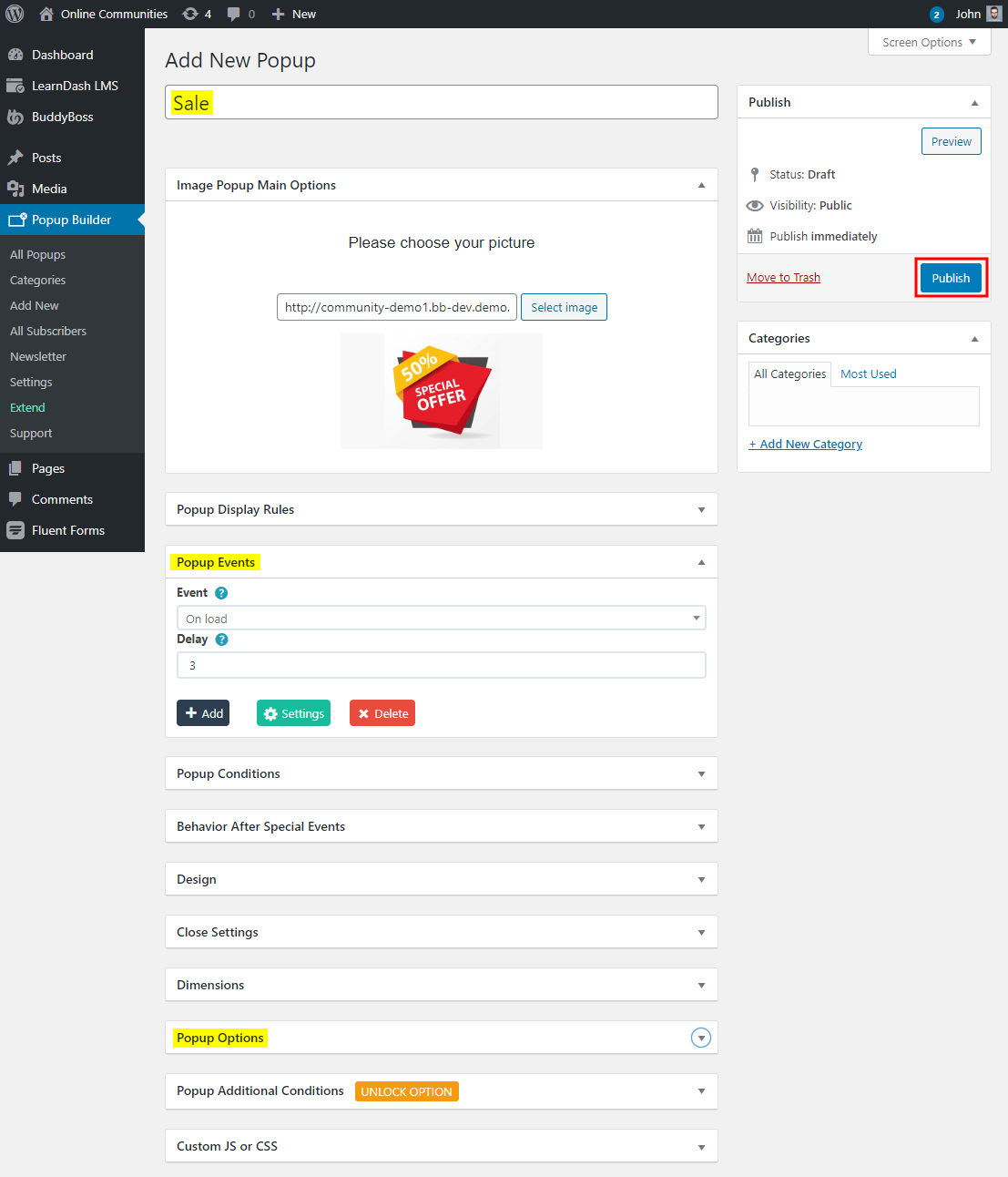 WordPress admin dashboard showing the creation of a new popup titled Sale. An image is selected, and Popup Events settings are visible. The Publish button is highlighted on the right sidebar.