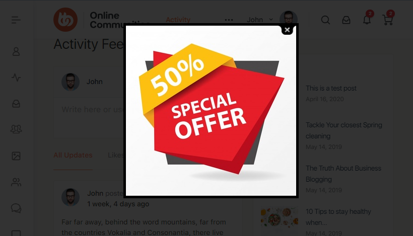 A pop-up graphic over a website displays a red and yellow banner with the text 50% SPECIAL OFFER in bold white letters. The website background is partially visible behind the pop-up.