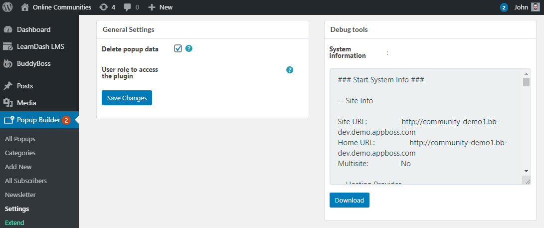 Screenshot of a WordPress admin dashboard showing the Popup Builder plugin settings. The left panel lists menu options, and the main area displays general settings and debug tools with site info and a download button.