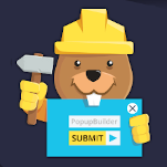 A cartoon beaver wearing a yellow construction helmet holds a hammer in one hand and a blue sign in the other that displays a popup with a SUBMIT button.