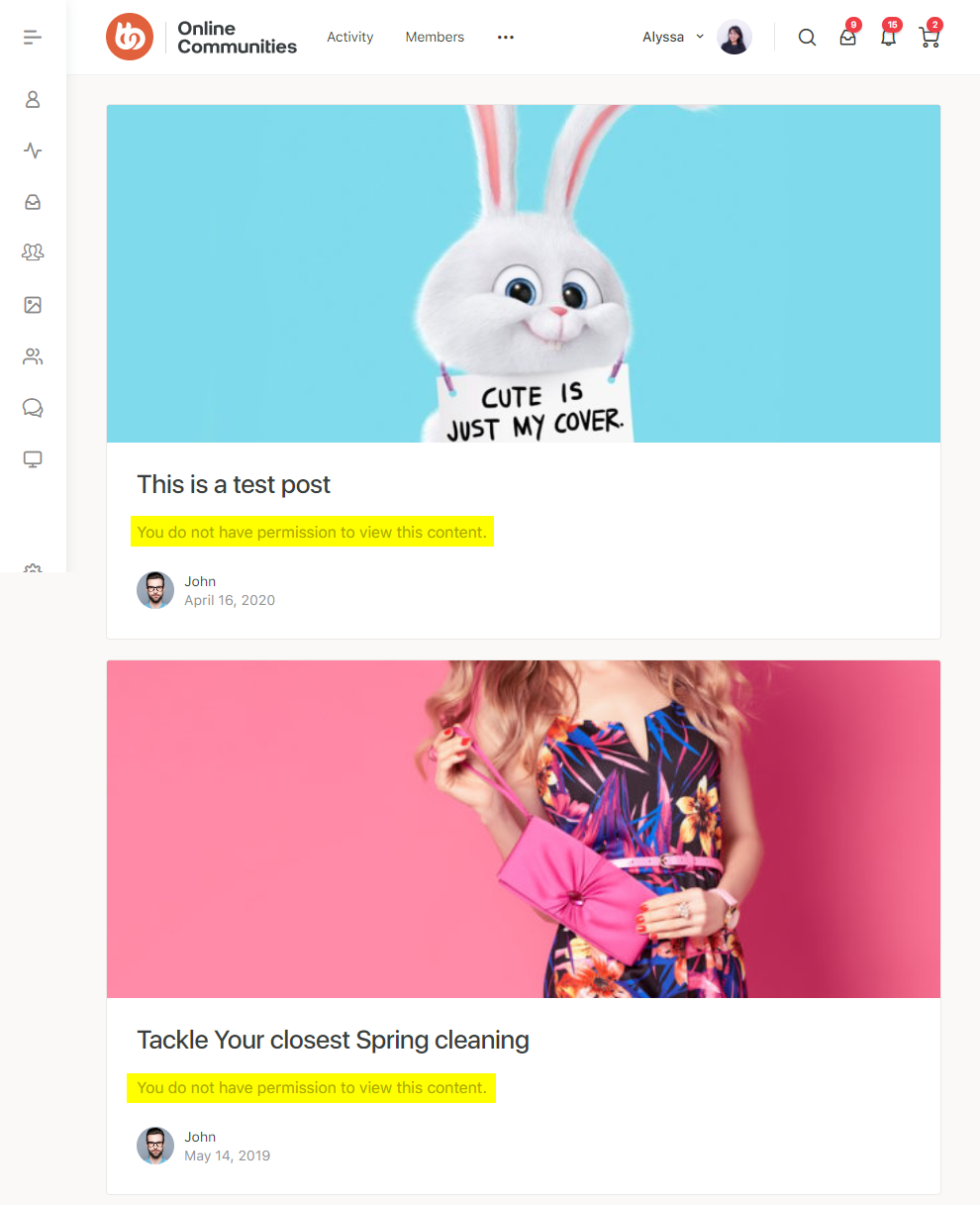 Screenshot of an online community page showing two posts. The first post has an image of a white bunny with CUTE IS JUST MY COVER text. The second post shows a woman in a floral dress holding a pink clutch. Both posts are restricted.