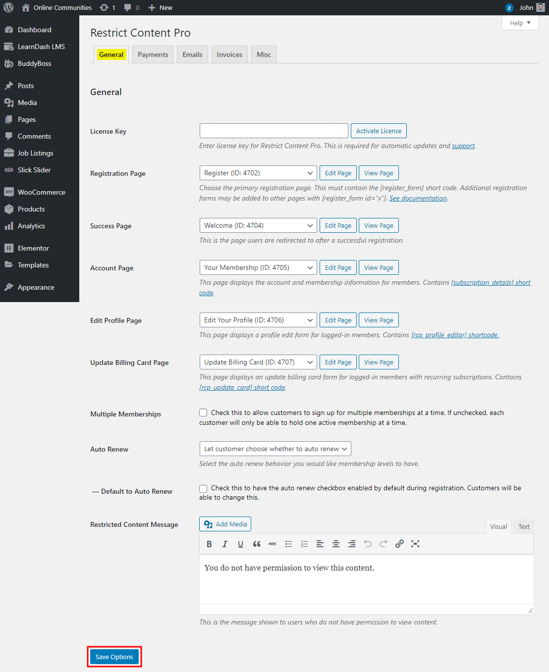 A WordPress admin page for Restrict Content Pro plugin settings, showing the “General” tab with options for license key, registration pages, billing, email, and other settings. “Save Options” button is highlighted at the bottom.