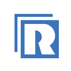 A blue and white stylized letter R inside a square, with two additional blue squares layered behind it on a light gray background.