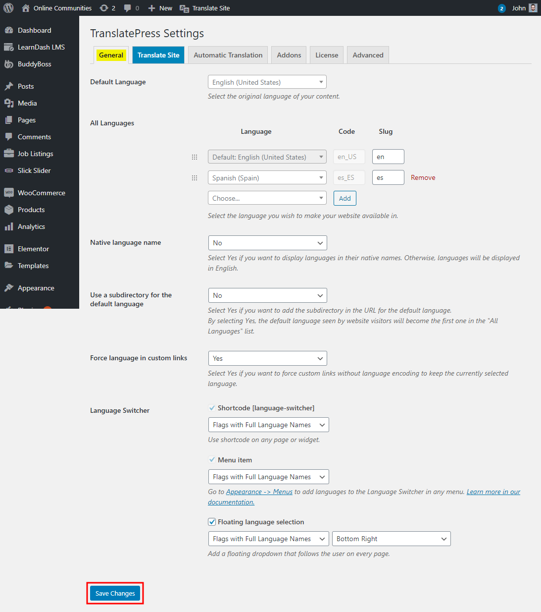 TranslatePress Settings page in WordPress dashboard showing language options, with “Spanish (Spain)” added. “General” tab is selected. The “Save Changes” button at the bottom is highlighted in blue.
