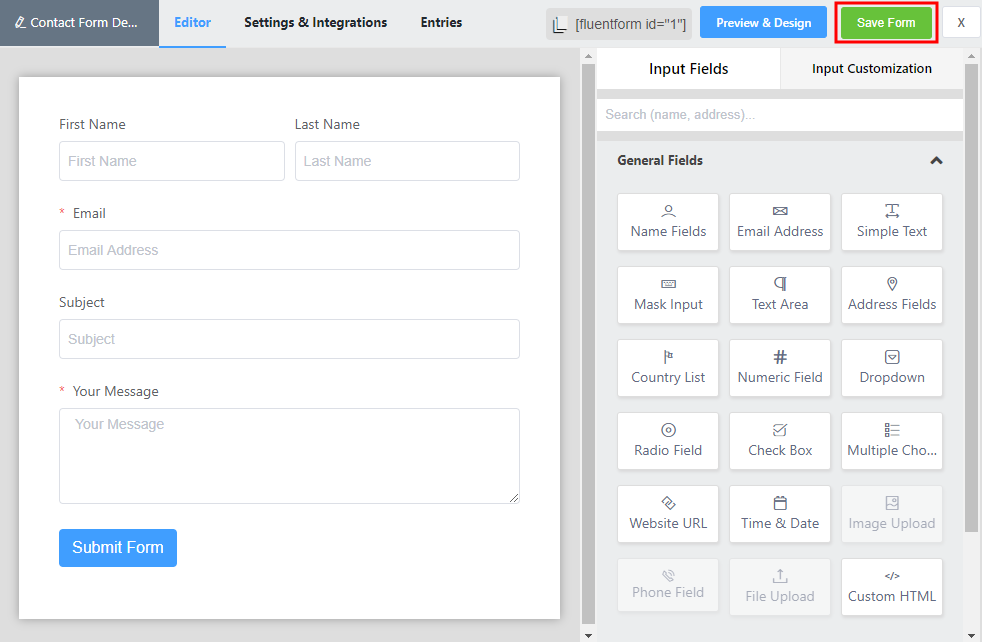 A contact form editor interface showing fields for first name, last name, email, subject, and message on the left, and a panel with various input field options on the right. A green Save Form button is at the top right.