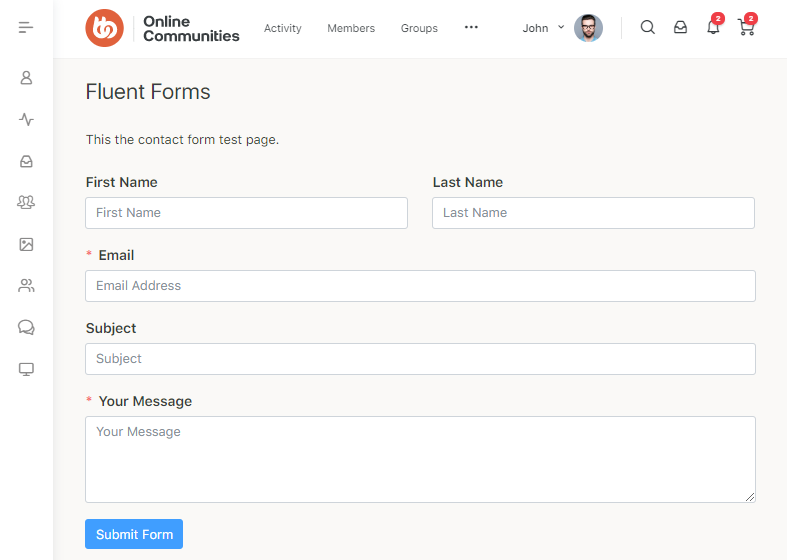 A contact form on a website titled Fluent Forms, with fields for first name, last name, email, subject, and message, plus a blue Submit Form button at the bottom. The websites menu is visible at the top.