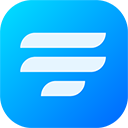 A blue rounded square icon with three white horizontal lines of varying lengths stacked, resembling stylized layers or the letter E.