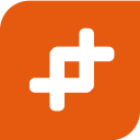 A white, abstract geometric symbol resembling two interlocked lines on an orange background with rounded corners.