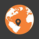 An orange and white globe icon showing North and South America, with a black map location pin in the middle, set against a dark background.
