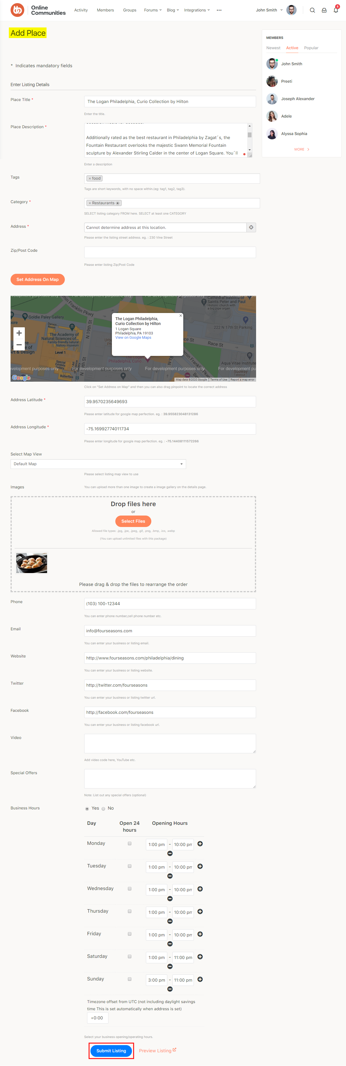 A website form titled Add Place with fields for name, description, category, tags, address, map, photo, contact info, website, social media, opening hours, and buttons for preview and submit at the bottom.