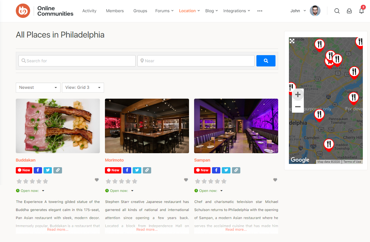 A website page displays restaurant listings in Philadelphia with images, names, ratings, and descriptions of Buddakan, Morimoto, and Sampan. On the right, a map shows pins marking restaurant locations.