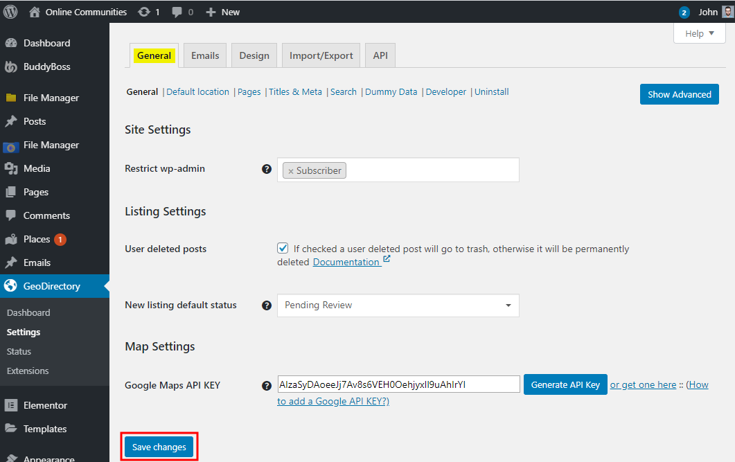A WordPress admin dashboard shows the GeoDirectory settings under the General tab, including map settings for a Google Maps API key and a highlighted Save changes button at the bottom.