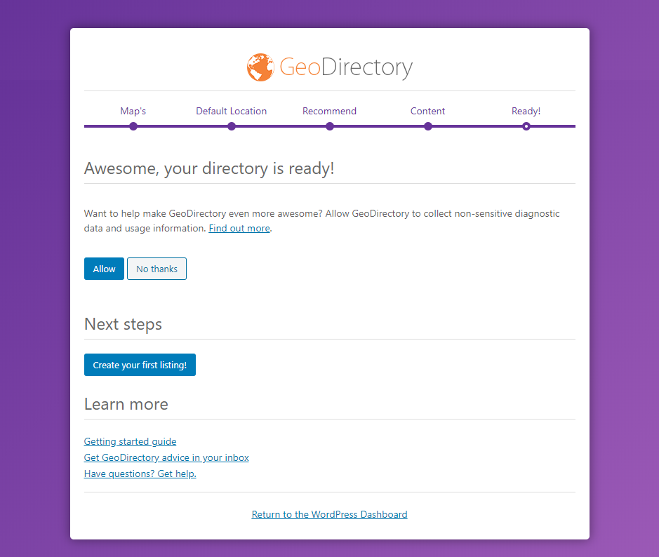 Screenshot of the GeoDirectory setup completion page with a progress bar at the top, a message stating Awesome, your directory is ready!, and options for next steps and additional resources.