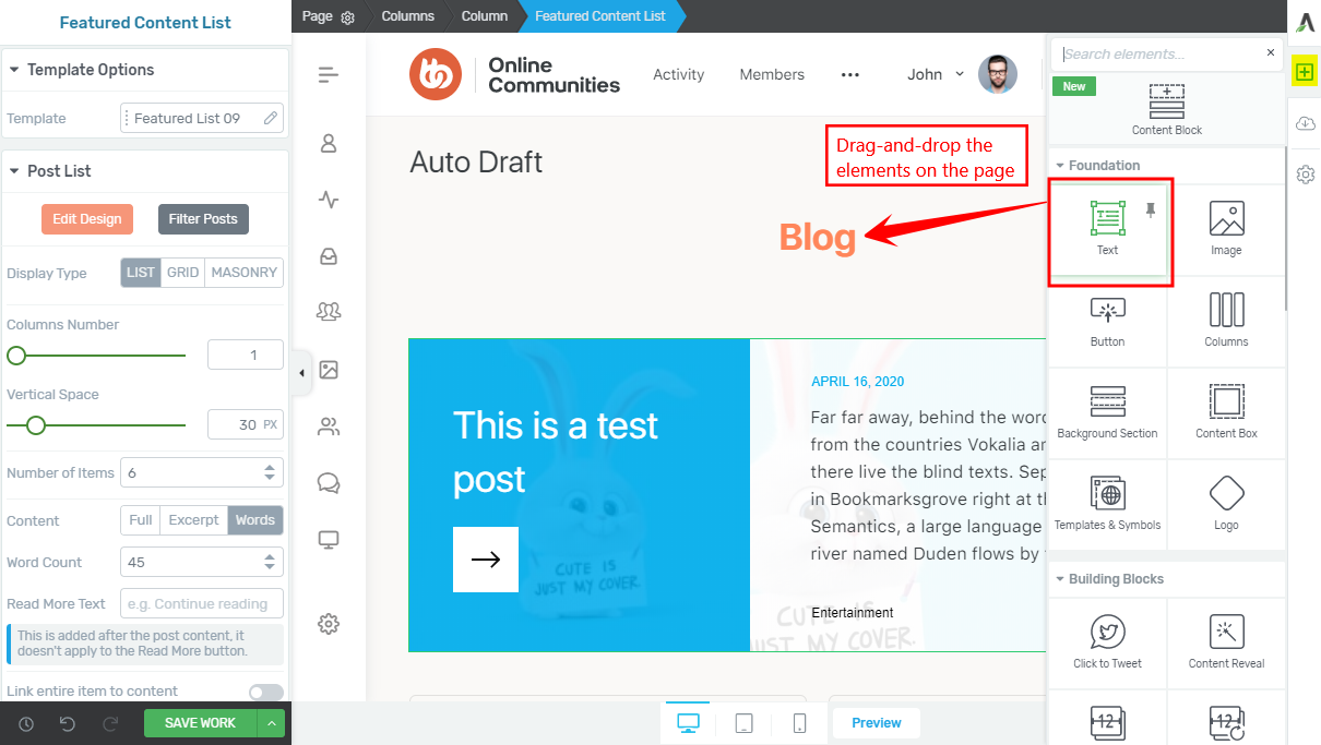 Screenshot of a website builder interface showing a blog post editor. A red box highlights and labels a “Text” block being dragged onto the main page area. Editing tools and layout options are visible on the left and right panels.