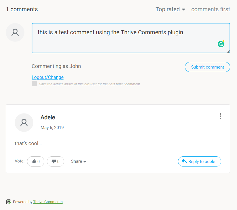 A screenshot of a comment section using Thrive Comments. A user types this is a test comment using the Thrive Comments plugin, and another comment by Adele says thats cool.... Buttons for voting and replying are visible.