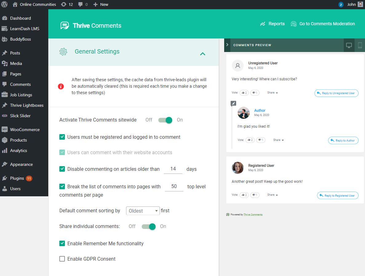 A website admin dashboard shows Thrive Comments settings. Options include enabling comments, login requirements, article comment limits, sorting, sharing, and GDPR consent. A preview panel displays user comments and replies on the right.