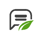 A chat bubble icon with two horizontal lines inside, partially overlapped by a green leaf in the lower right corner, symbolizing eco-friendly or sustainable communication.