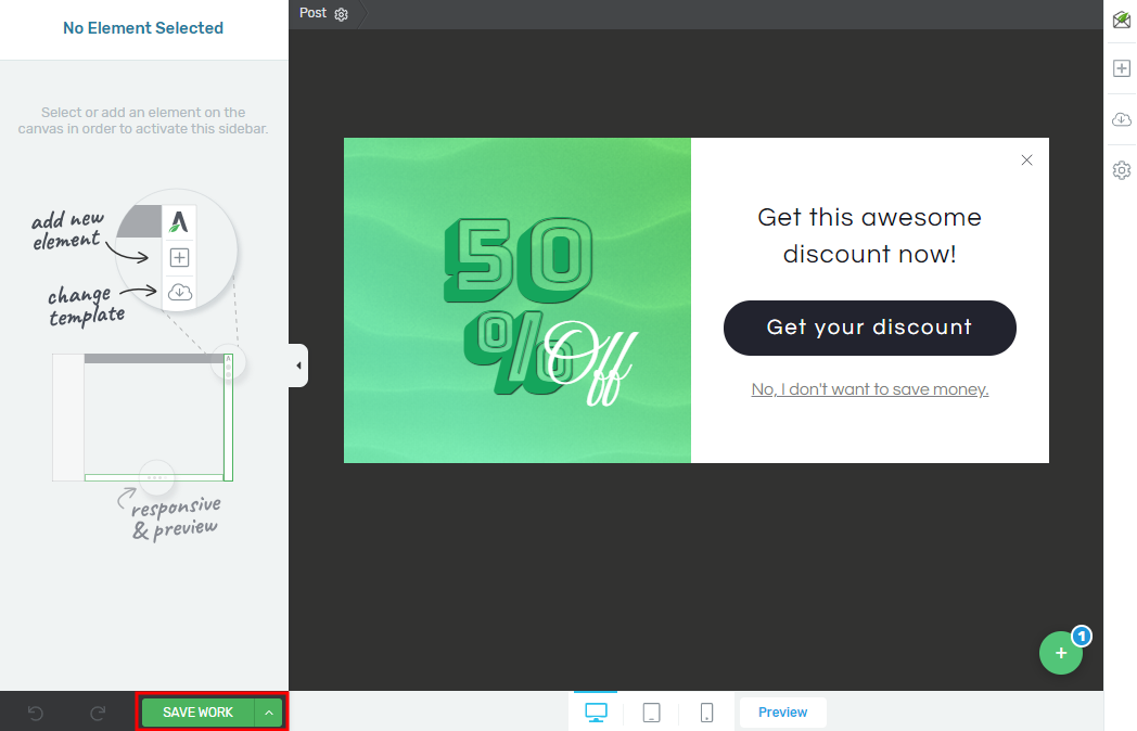 A website editor displays a promotional banner offering 50% off and a call-to-action button reading Get your discount on a green background; SAVE WORK is highlighted in the bottom left corner.