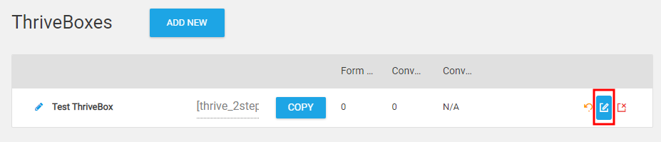 A web page displays a ThriveBoxes dashboard with a button to add a new box. One box called Test ThriveBox is listed with options to copy, edit (pencil icon highlighted), and delete.