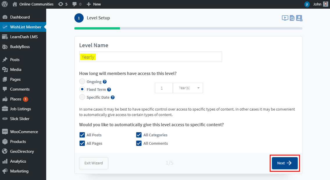 A membership level setup screen shows Yearly as the level name, options for access duration, and automatic access settings. The Next button is highlighted at the bottom right. Sidebar menu options are visible on the left.