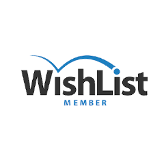 Logo with the words WishList Member in bold text. A blue curved line arches over the W and the dot of the i is blue, matching the curve. The background is light gray.