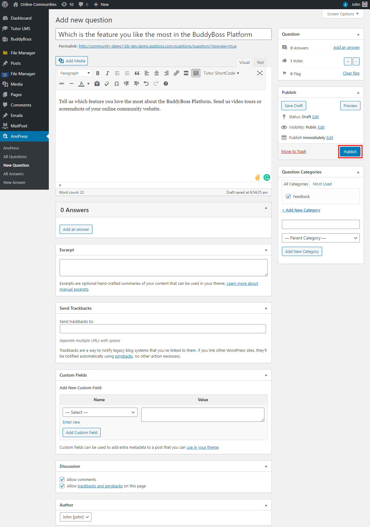 A WordPress admin dashboard shows the “Add new question” page in BuddyBoss Platform. The question form, answer options, custom fields, and publish button are visible, along with the sidebar menu and post settings.