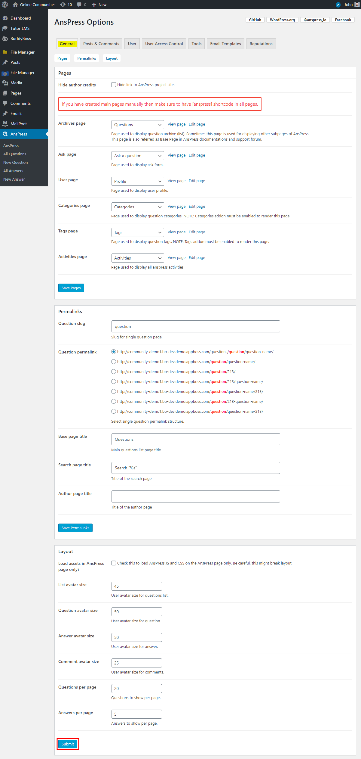 Screenshot of the AnsPress Options settings page in WordPress. Various sections for configuring pages, permalinks, and layout options are shown. The Save Options button is highlighted at the bottom.