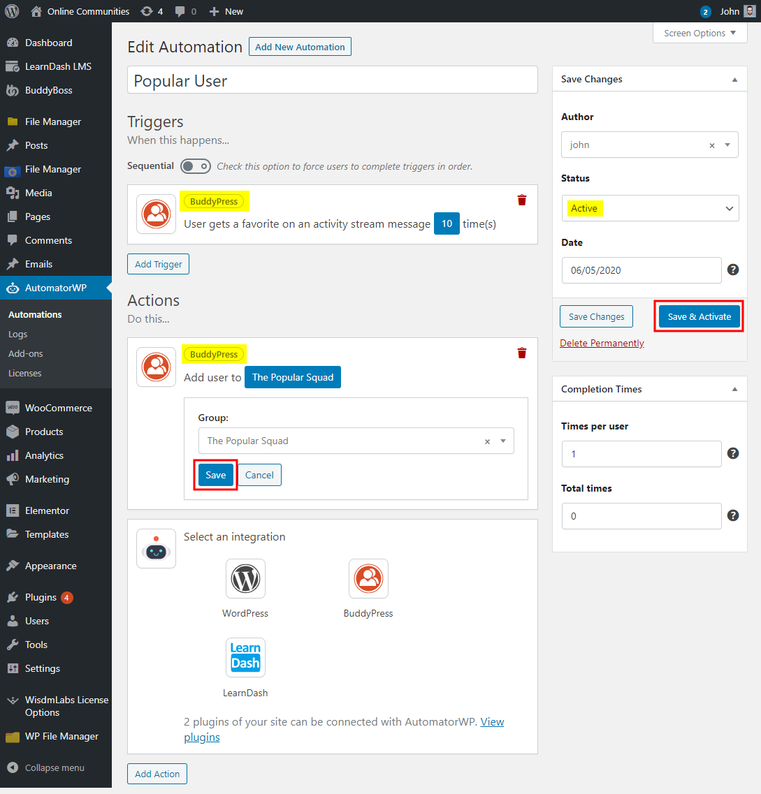 A screenshot of the “Edit Automation” screen in AutomatorWP, showing trigger and action setup for a “Popular User” automation. Buttons “Save & Activate” and “Save” are highlighted in red boxes.