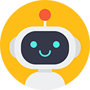 A cute, cartoon-style robot with a smiling face, blue eyes, and a red antenna on its head, set against a yellow circular background.