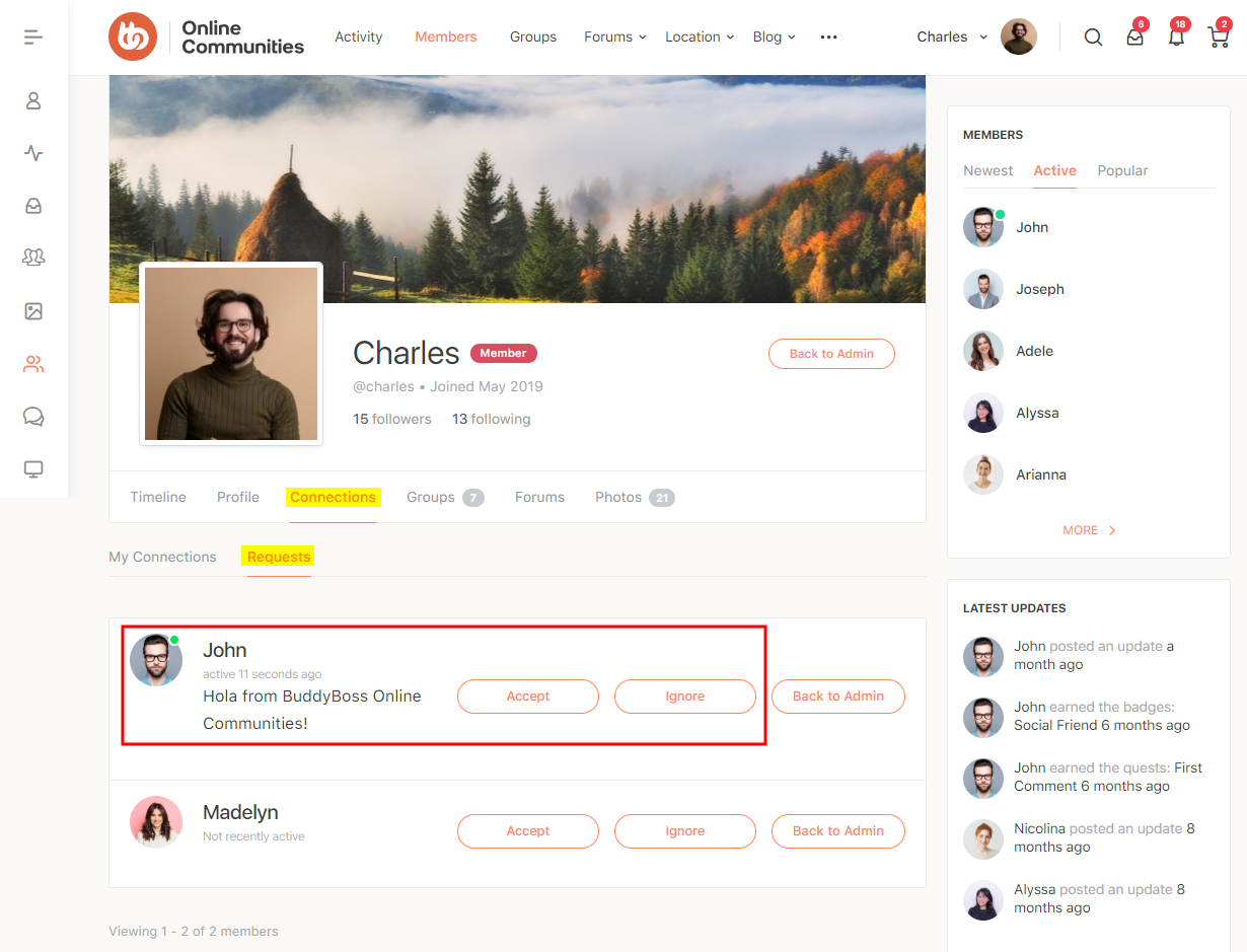 A profile page on a social networking site shows a user named Charles and a highlighted friend request from John saying, Hola from BuddyBoss Online Communities! with options to Accept or Ignore.