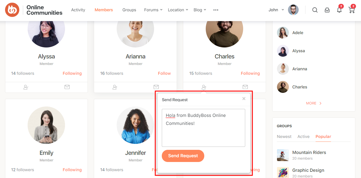 A pop-up window labeled “Send Request” appears on a social platform profile page, displaying a message and an orange “Send Request” button. Member profiles and a sidebar with contacts and groups are visible in the background.