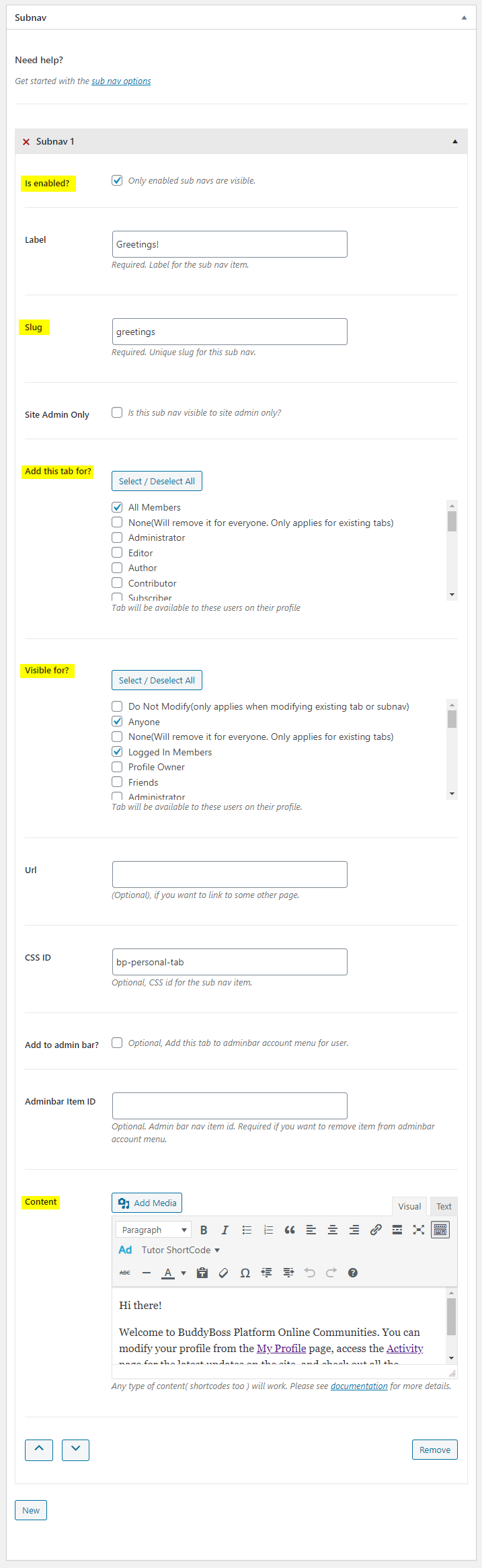 A settings page for configuring a Subnav item. Options include label, visibility, capabilities, position, and content with a text editor. Various checkboxes and input fields are shown for customization.