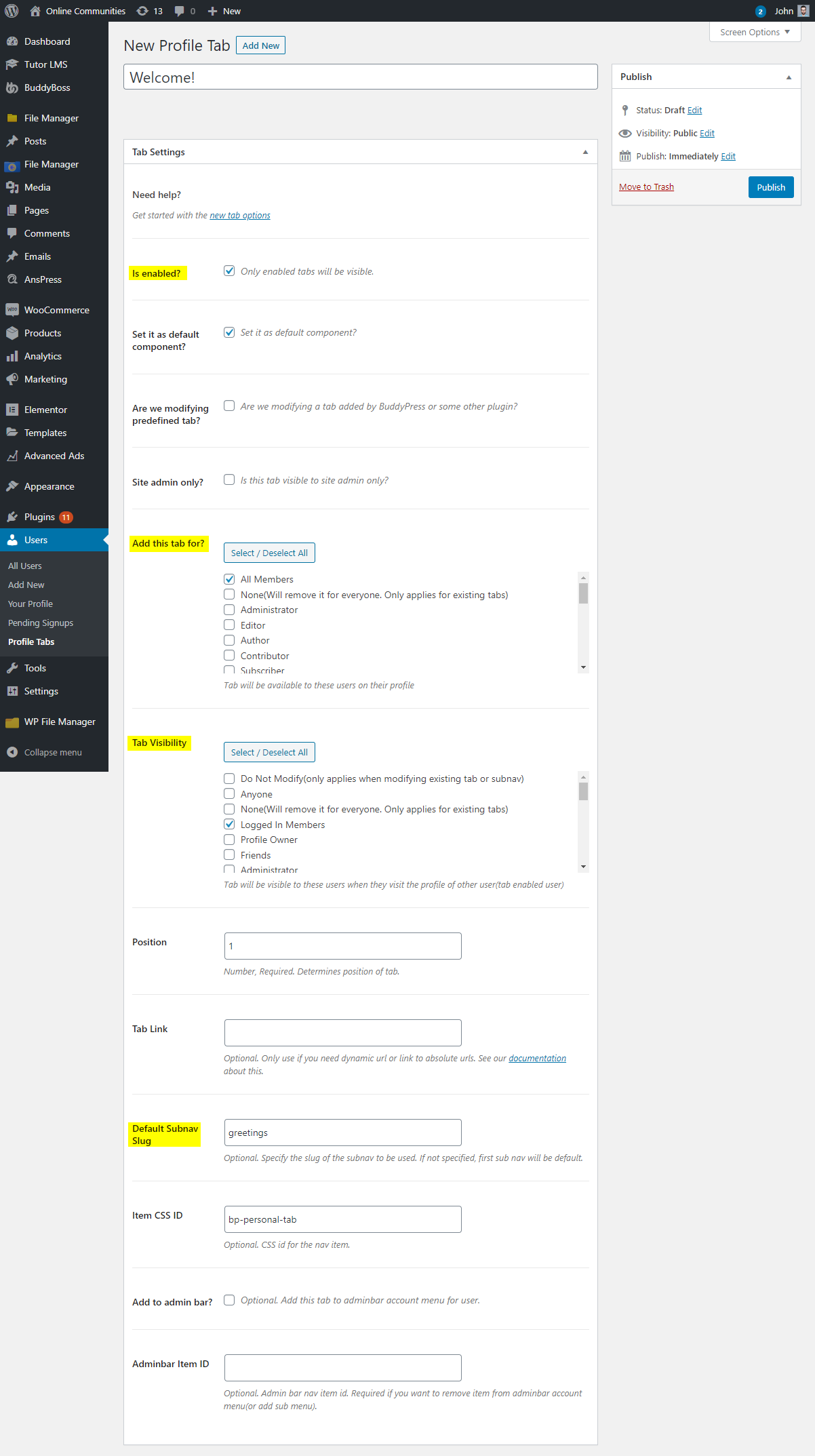 A WordPress admin page for creating a new profile tab, showing settings for tab title, default status, visibility, tab visibility, position, icon, CSS ID, and admin tab ID, with publish options on the right.