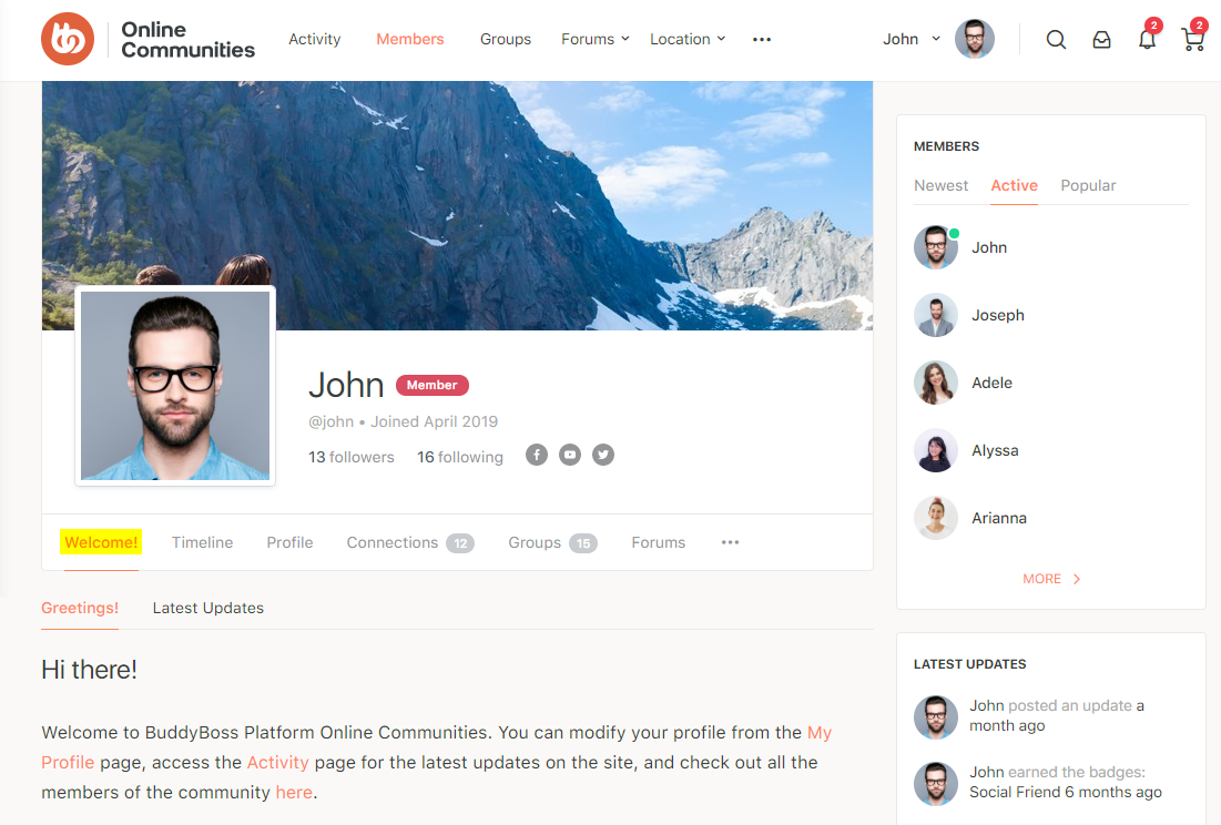 A user profile page on an online community platform shows John’s profile with a mountain background, profile photo, member badge, and navigation options. The sidebar lists active members and displays recent updates.