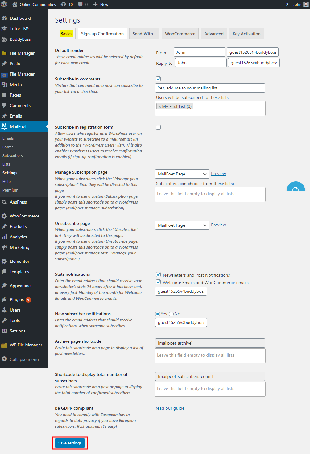 A WordPress dashboard showing the “MailPoet” settings page. Various email, subscription, and GDPR options are displayed. At the bottom, a red “Save settings” button is highlighted with a red rectangle.