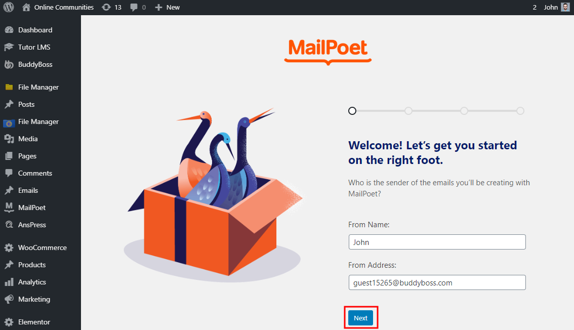 A MailPoet setup screen shows two illustrated birds in a box. The form is filled with John as the senders name and guest15265@bb-backup-hz4.developbb.dev as the email. The Next button is highlighted.