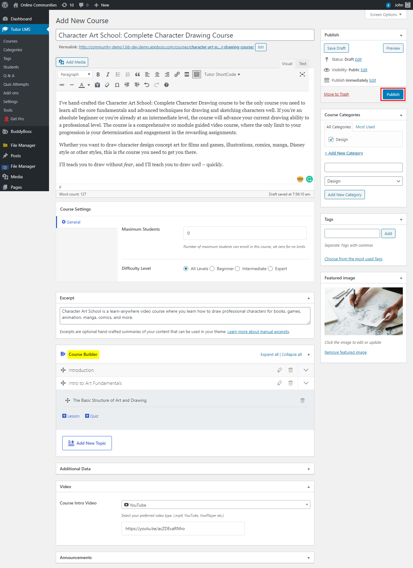 A WordPress dashboard displays the Add New Course page for a course titled Character Art School: Complete Character Drawing Course, with course details, settings, categories, tags, and publishing options visible.