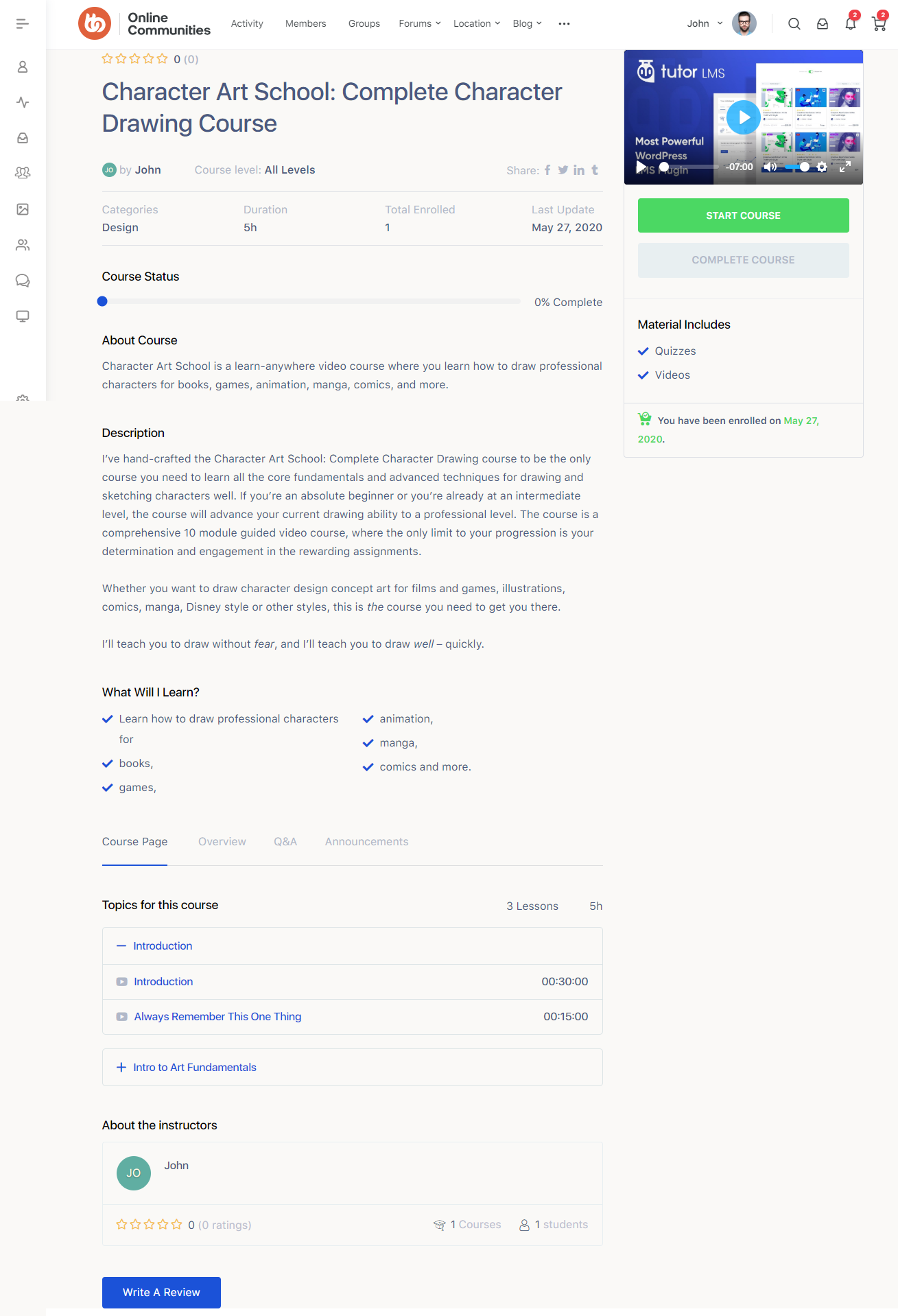 Screenshot of an online course page titled Character Art School: Complete Character Drawing Course. The page lists course details, description, what learners will achieve, and topics, with side options for starting the course and viewing materials.