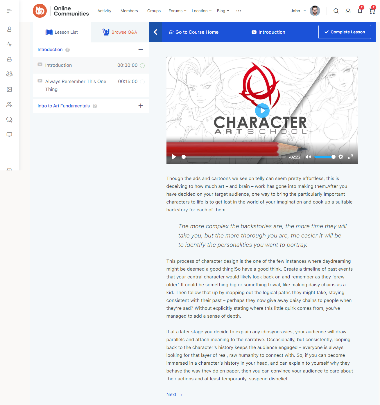 A webpage displays an online course titled Character Art School. The page includes a video player with the course logo, a lesson list on the left, introductory text, and navigation options at the top and right.