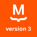 White capital letter M above a white curly brace and the text version 3 on an orange background.