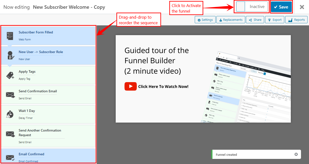 Screenshot of a funnel builder tool showing a list of workflow steps on the left, editing options on the right, and buttons to activate, save, export, or preview the funnel. Status is set to Inactive.