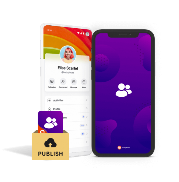 Two smartphones display a social media profile and a login screen with user icons. In front, a box labeled PUBLISH holds a card featuring a cloud upload symbol.